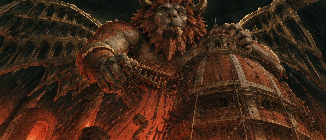 Gargoyle Agung Basilio, setinggi kubah, berwajah singa bertanduk dan bersayap lengkung batu, memeluk kubah yang belum selesai dan mencabut satu tingkat perancah. Cahaya tungku merah dari bawah.
