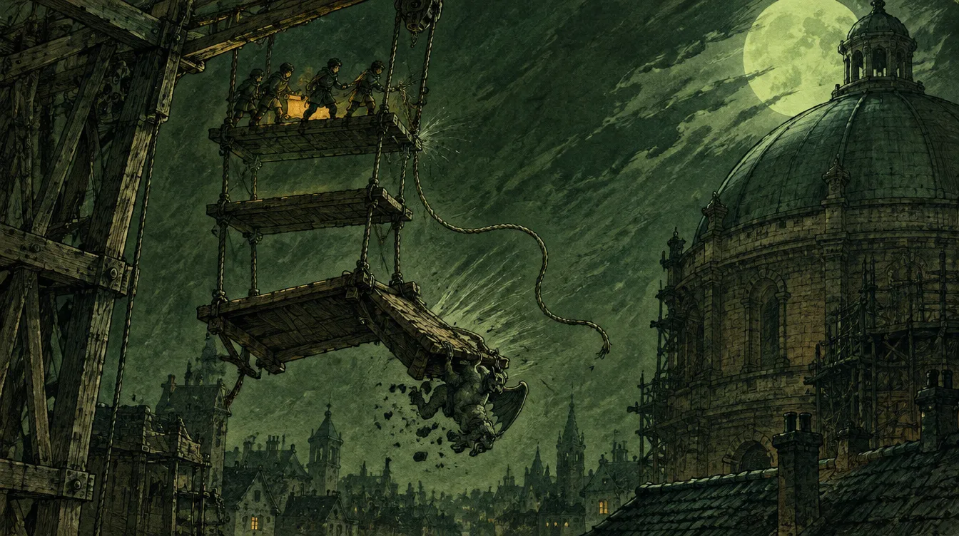 Menara papan yang tergantung di derek katrol: satu tali putus, papan terbawah berayun lepas dan menjatuhkan gargoyle ke atap.