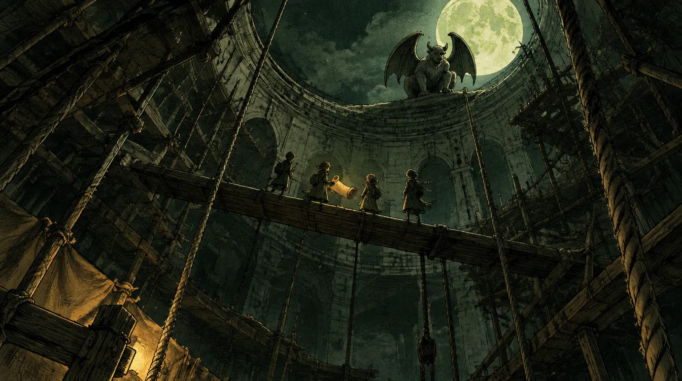 Bagian dalam kubah di malam hari: empat magang di jembatan papan, gargoyle bertengger di bibir oculus di bawah bulan.